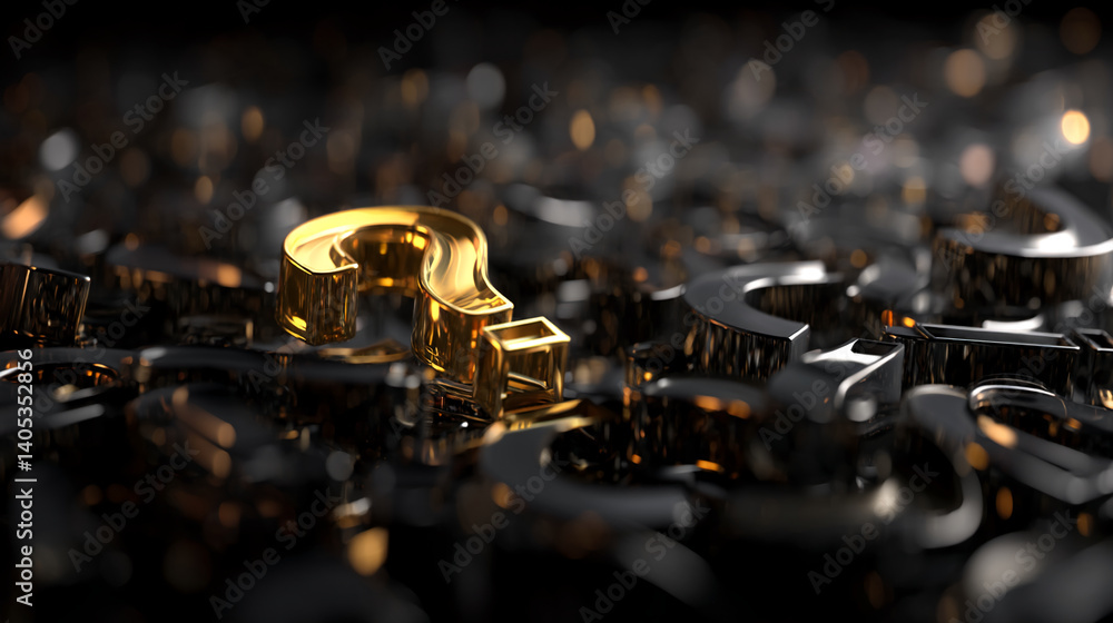 Poster golden question mark stands out among numerous black question marks, creating a visual contrast symb