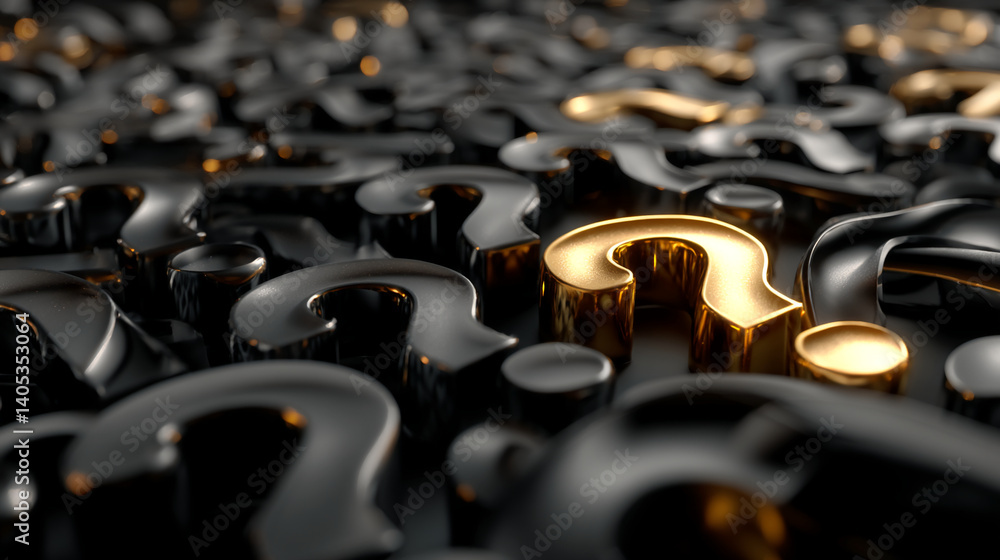 Poster Close-up of gold and black question marks, creating a textured background.  One gold question mark stands out amongst many black ones, symbolizing uniqueness or a solution