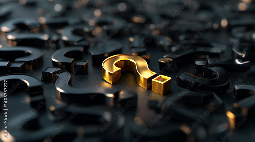 Poster golden question mark among many black ones, symbolizing unique solution, problem-solving, or standin