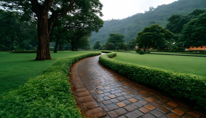 Fototapeta premium Winding stone path through lush green park, after rain. Generative AI