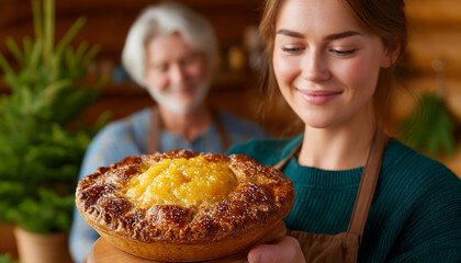 Young woman proudly presents a delicious homemade fruit pie, with a senior man smiling gently in the background. Generative AI