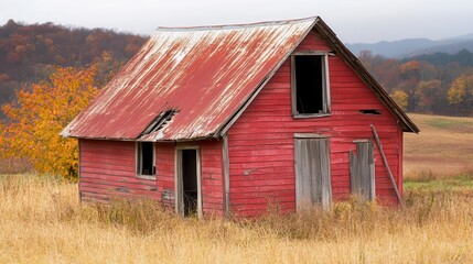 Obraz premium Rustic red barn autumn field landscape