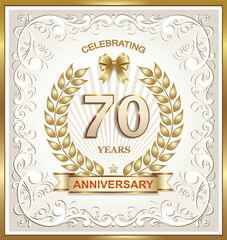 70th Anniversary design template with laurel wreath in golden frame with creative pattern on light background with ribbon for poster, banner, brochure, magazine, booklet, invitation, greeting card.