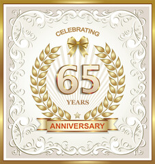 65th Anniversary design template with laurel wreath in golden frame with creative pattern on light background with ribbon for poster, banner, brochure, magazine, booklet, invitation, greeting card.