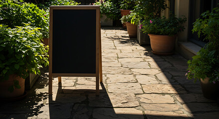 Garden Pathway with Potted Plants and Empty Chalkboard  