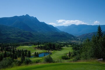 Obraz premium Breathtaking Mountain Golf Course Featuring Stunning Views and Scenic Landscapes.