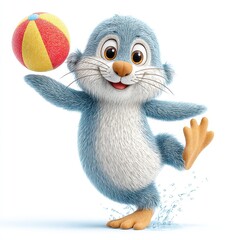 Playful Blue Textured Penguin Cartoon Character with Beach Ball
