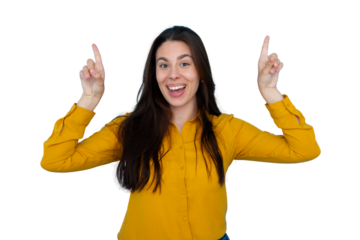 Professional businesswoman gesturing upward with index fingers, signaling key information against transparent backdrop
