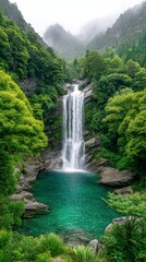 Fototapeta premium Lush Green Tropical Waterfall Cascading into Teal Pool