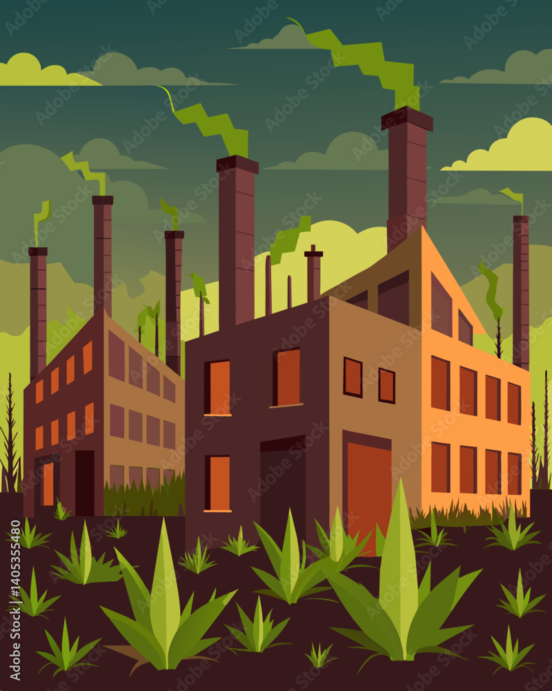 Aufkleber a row of abandoned factories with overgrown weeds and broken windows. vector illustration