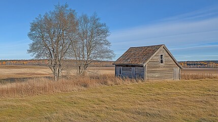 Obraz premium Rustic cabin autumn field prairie landscape