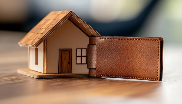Minimalist representation an empty wallet beside a house model, symbolizing financial challenges in homeownership