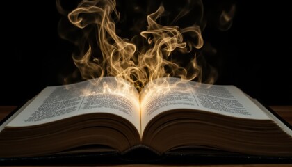 Mystical Flames Erupting from an Opened Book Dark Background Fantasy Content Enchanted Environment Close-Up View