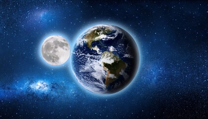 Fototapeta premium Conceptual Planet Earth and full Moon in space with stars
