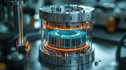 Advanced technology; a cylindrical device encased in transparent protective casing within a complex industrial setting