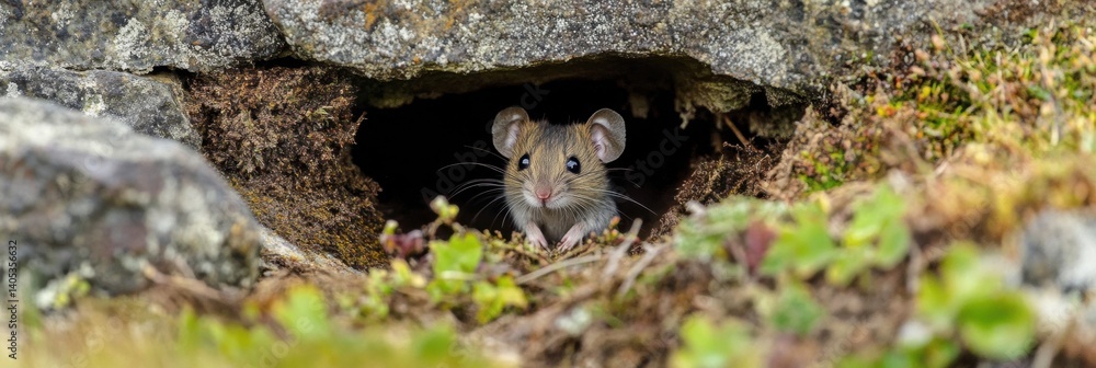 Poster curious mouse emerging from a burrow in a simple white background during daylight exploration