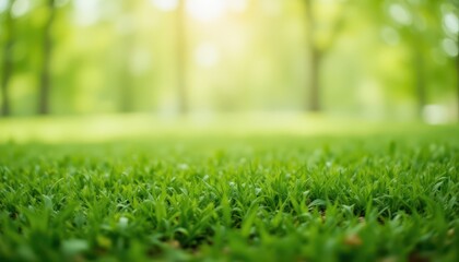 Naklejka premium Soft Focus on Lush Green Grass in Sunlit Park Nature Photography Vibrant Environment Close-up View