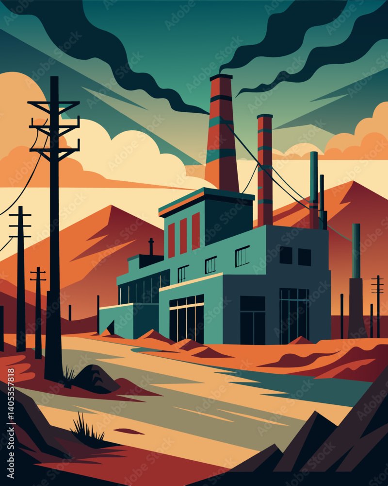 Poster an abandoned factory looms in the distance its outdated power systems continuing to churn out energy