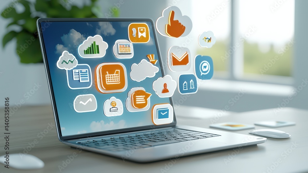 Poster dynamic business icons rendering on laptop office environment digital content soft shadows modern vi