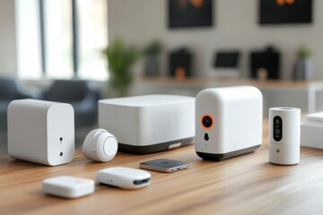 Smart home devices on wooden table.  A collection of modern, sleek smart home technology, displayed neatly on a light wooden surface.