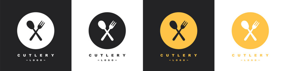 Fork and knife on a plate. Cutlery logos set. 