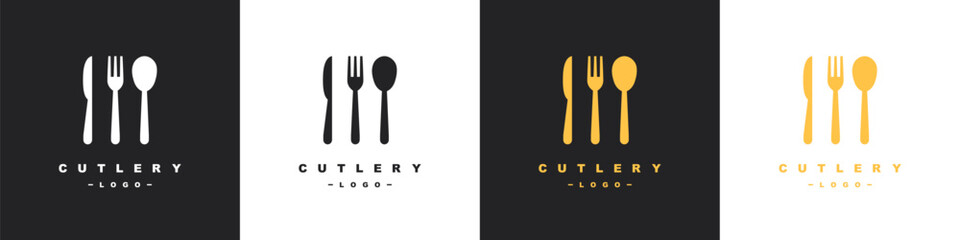 Cutlery logos set. Fork and knife on a plate