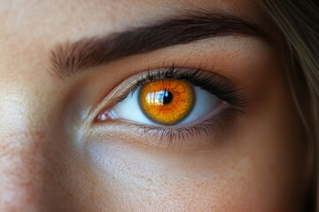 Obraz premium Close-up of a captivating amber eye, showcasing intricate details and mesmerizing depth. The contrast between the warm iris and the delicate skin creates a striking visual.