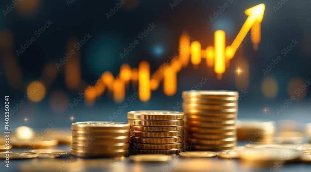 Poster a visually striking image of stacked coins with a rising graph in the background, symbolizing financ