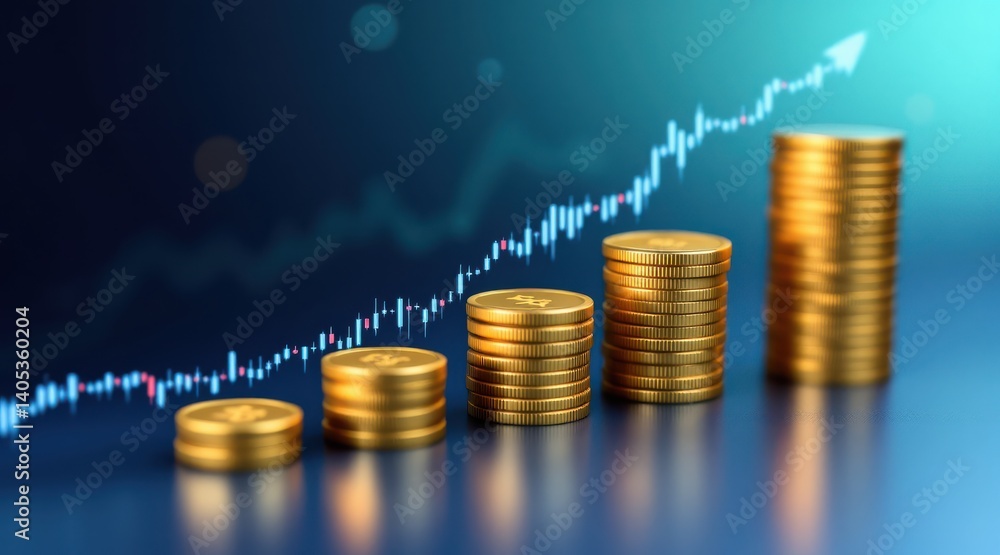 Poster a visually appealing representation of stacked gold coins with a rising graph line, symbolizing fina