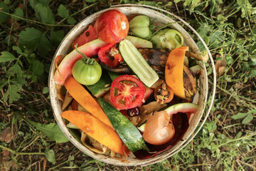 Zero waste, composting, bio waste concept. Vegetables and fruits food scraps in bucket close up top view for compost © Viktor Iden