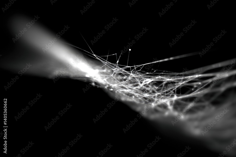 Poster close-up view of delicate white spider web threads in a right-angle corner against a black backgroun