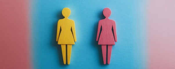 Two gender symbol figures, set against a dynamic, colorful backdrop, symbolizing unity and equality. Capturing the essence of balance and societal harmony.