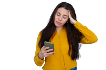 Professional businesswoman touching forehead, experiencing workplace stress while gripping smartphone against neutral backdrop