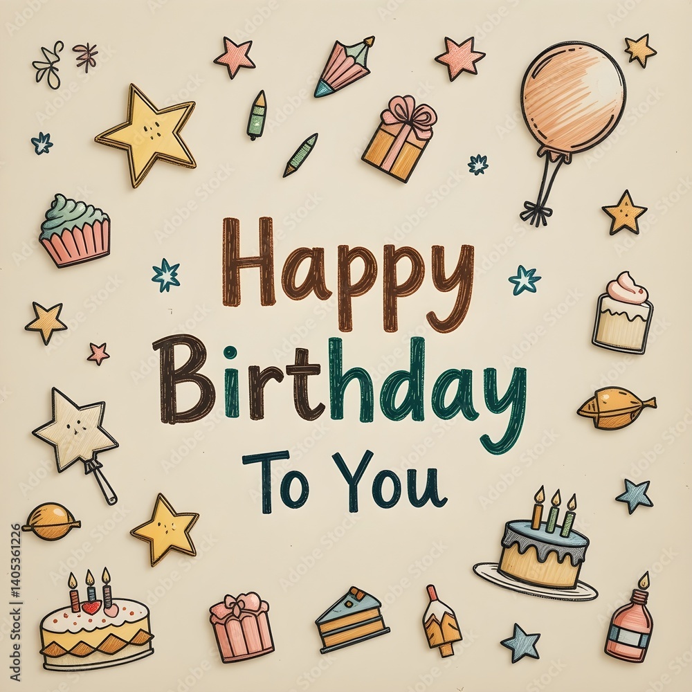 Fototapete happy birthday card with hand drawn elements. vector illustration for your design (손으로 그린 ​​요소가 담긴 생