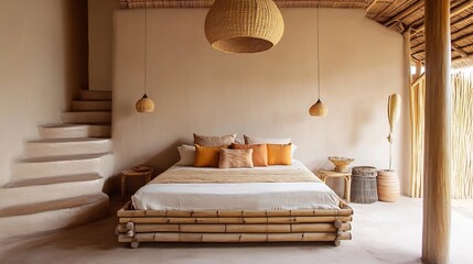 Minimalist bedroom in bamboo and clay house, suspended lighting, handcrafted wooden bedframe and light