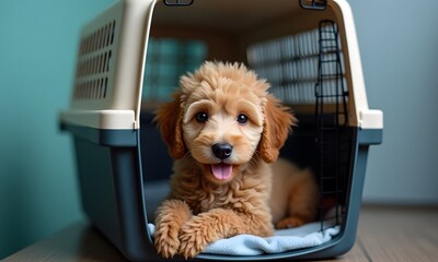 Light Brown Puppy Sitting Playfully in Gray Carrier with Blue Accent