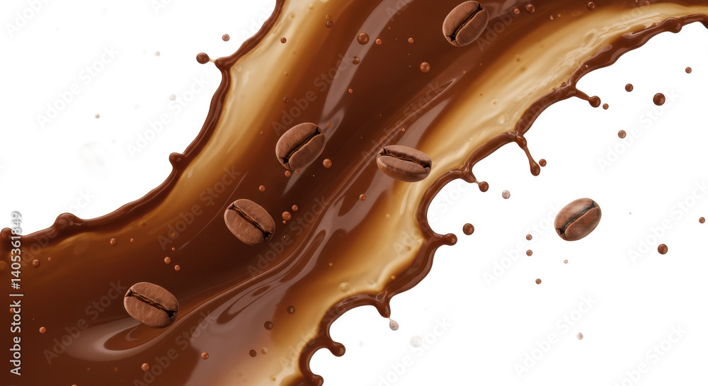 Poster a splash of chocolate liquid with coffee beans floating on a black background in a dynamic shot