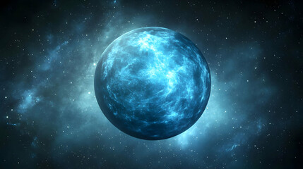 Obraz premium Abstract Blue Sphere Floating in Dark Starry Nebula Background for Space Concept and Exploration with Cosmic Energy