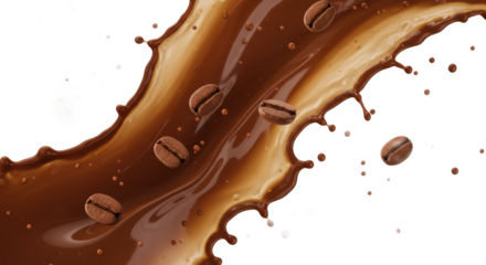 A splash of chocolate liquid with coffee beans floating on a black background in a dynamic shot