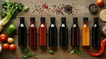 Assorted sauces in small bottles arranged on wooden surface with various fresh vegetables and spices.