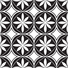Geometric Floral Tile Pattern. Seamless Black and White Abstract Background, Vector geometric monochrome seamless pattern with curved shapes