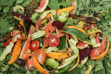Zero waste, composting concept. Compost pile in garden close up top view. Bio waste, vegetables and fruits food scraps background, texture