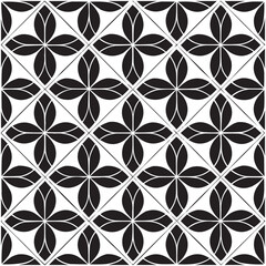 Geometric Floral Tile Pattern. Seamless Black and White Abstract Background, Vector geometric monochrome seamless pattern with curved shapes