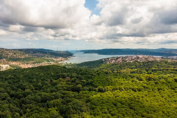 Fototapeta premium Lush green trees, the Bosphorus Bridge and a wide panoramic view of Istanbul.Turkey.
