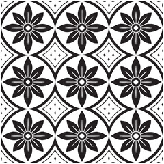 Geometric Floral Tile Pattern. Seamless Black and White Abstract Background, Vector geometric monochrome seamless pattern with curved shapes