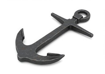 Close up view of a dark metal anchor on a plain white surface on isoleted white background