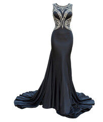 Naklejka premium Black satin evening dress with silver beaded bodice and platform heels on transparent background transparent background isolated png stock