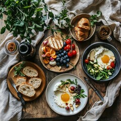 Healthy breakfast spread on rustic wooden table