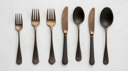 Flatlay of elegant bronze and black cutlery set on white background.