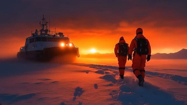 Explorers Venturing in the Winter Wilderness A Breathtaking Sunrise Shining Over the Icy Terrain Beyond